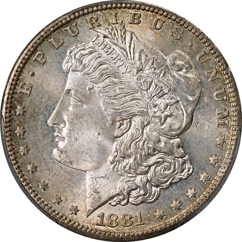 PCGS MS65 1881-S Morgan Dollar with Attractive Toning: PCGS MS65 1881-S Morgan Dollar with Attractive Toning This 1881-S Morgan Silver Dollar is graded MS65 by PCGS and features attractive toning. Struck in 0.9 fine silver at the San Francisco Mint, this 