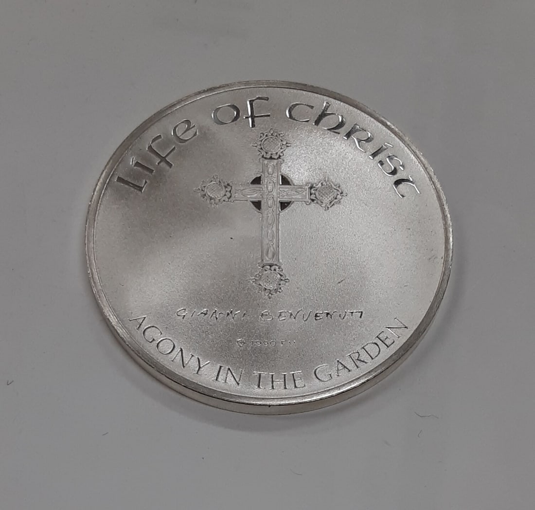 Agony in the Garden Sterling Silver Medal Life of Christ by Benvenuti: Agony in the Garden Sterling Silver Medal Life of Christ by Benvenuti This Franklin Mint Life of Christ medal features the artwork 'Agony in the Garden' by Gianni Benvenuti. Produced in the United Sta