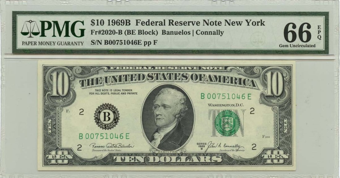 1969B $10 Federal Reserve Note New York PMG Gem 66 EPQ: 1969B $10 Federal Reserve Note New York PMG Gem 66 EPQ This 1969B $10 Federal Reserve Note from New York is a remarkable collectible, graded PMG Gem 66 EPQ. It features the 2020-B type, representing a
