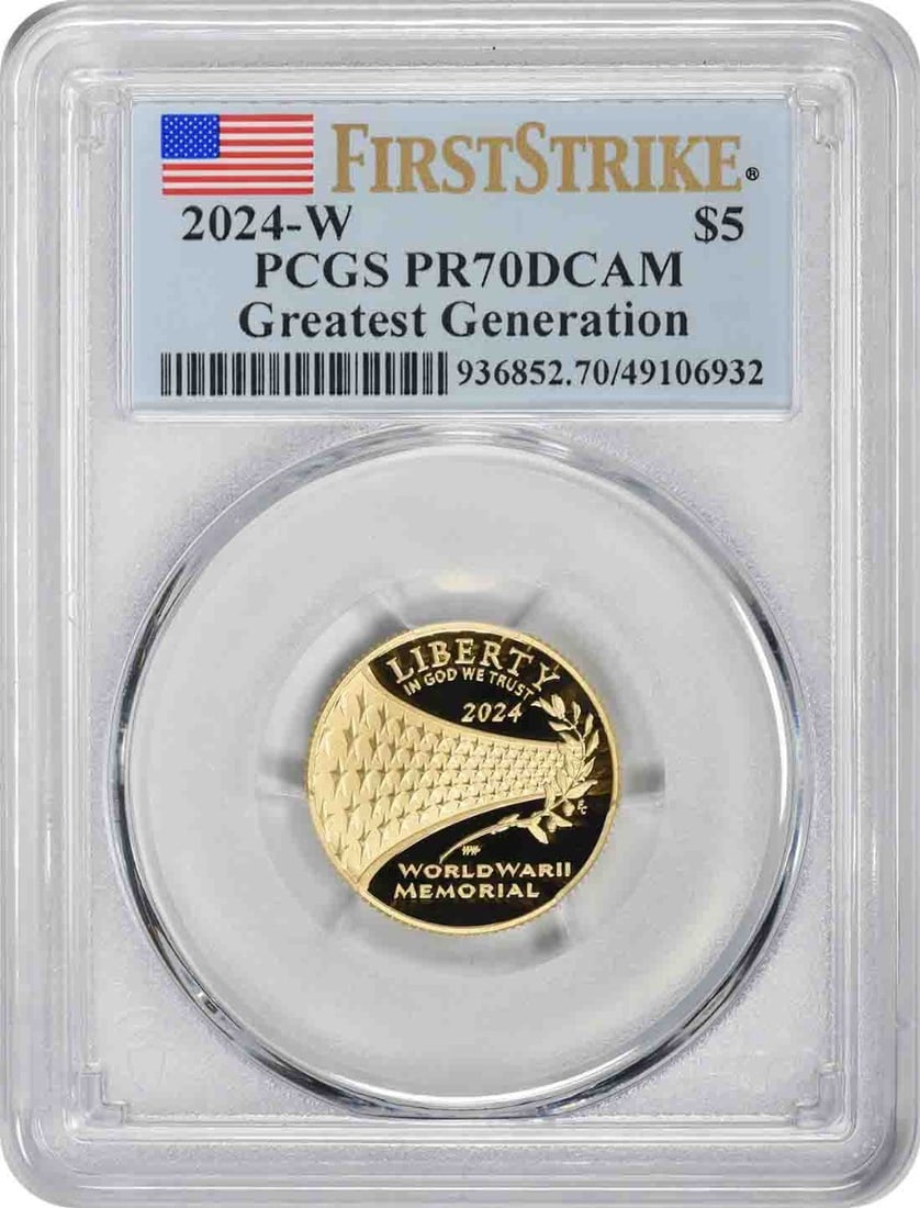 PCGS PR70DCAM 2024-W Greatest Generation $5 Gold First Strike: PCGS PR70DCAM 2024-W Greatest Generation $5 Gold First Strike This is a 2024-W Greatest Generation Commemorative $5 gold coin from the United States. Struck in proof quality, it has been graded PR70 b