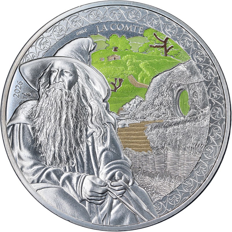 2026 France Silver 50 Euro Gandalf and Shire Coin: 2026 France Silver 50 Euro Gandalf and Shire Coin This original 2026 France 35 grams silver 50 Euro coin features a Lord of the Rings design with Gandalf and the Shire. The coin is uncirculated, made 