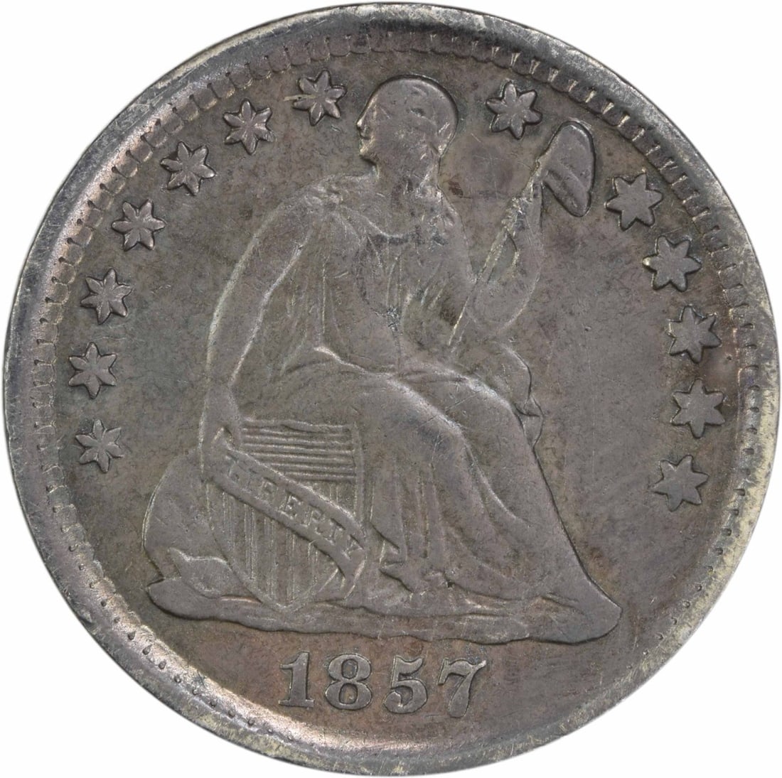 1857 Liberty Seated Half Dime Uncertified 90% Silver Coin: 1857 Liberty Seated Half Dime Uncertified 90% Silver Coin This 1857 Liberty Seated Silver Half Dime is a remarkable piece of American numismatic history. Struck at the Philadelphia Mint, this coin fea