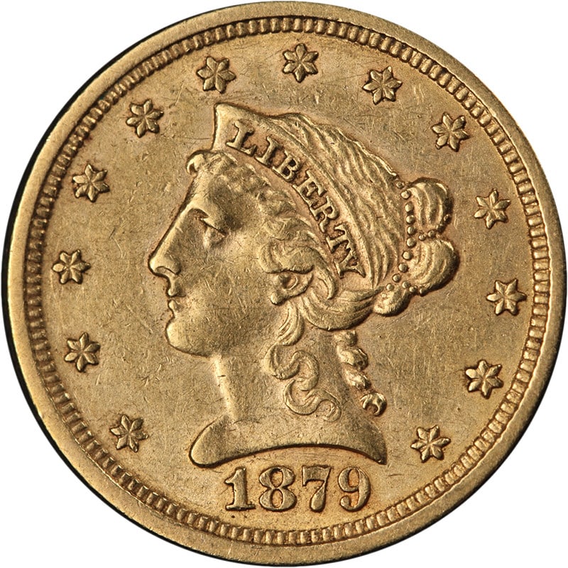 1879 Philadelphia $2.50 Liberty Gold Coin AU Grade: 1879 Philadelphia $2.50 Liberty Gold Coin AU Grade This 1879-P Liberty Gold $2.50 coin is composed of gold with a fineness of 0.9 and was minted in Philadelphia. Graded Choice About Uncirculated (AU),