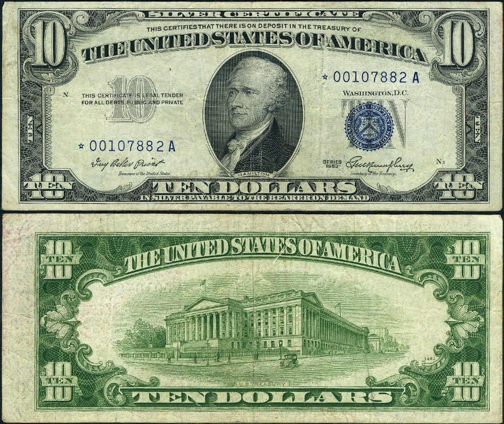 1953 $10 Silver Certificate Star Note FR 1706* A Block VF Plus: 1953 $10 Silver Certificate Star Note FR 1706* A Block VF Plus This is a 1953 $10 Silver Certificate, FR. 1706* from the United States, featuring the *-A Block and STAR note designation. The note is c