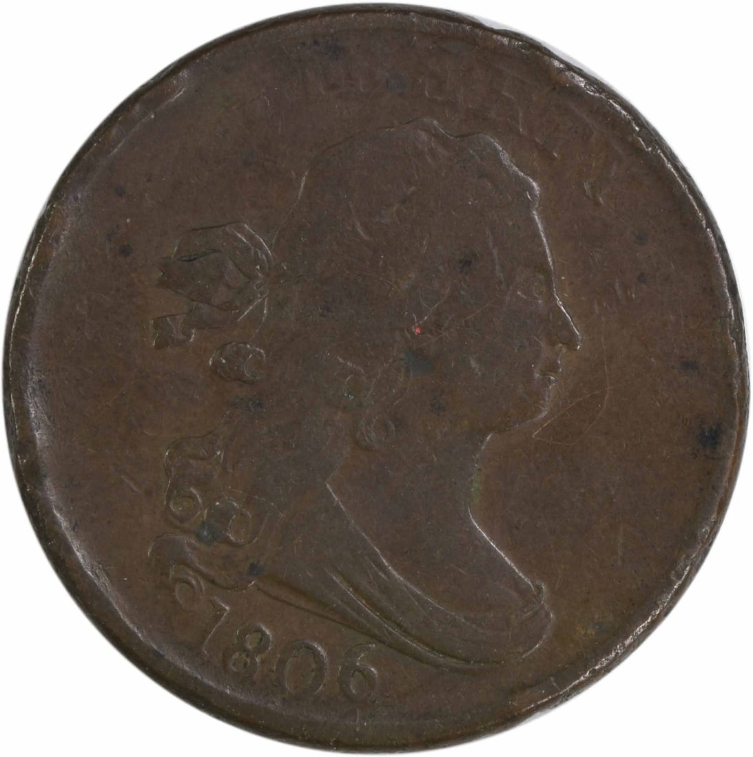 1806 Draped Bust Copper Half Cent VG Uncertified: 1806 Draped Bust Copper Half Cent VG Uncertified This 1806 Draped Bust Half Cent is a circulated coin graded VG (Very Good). It is composed of copper and was minted in Philadelphia. Designed by Robert