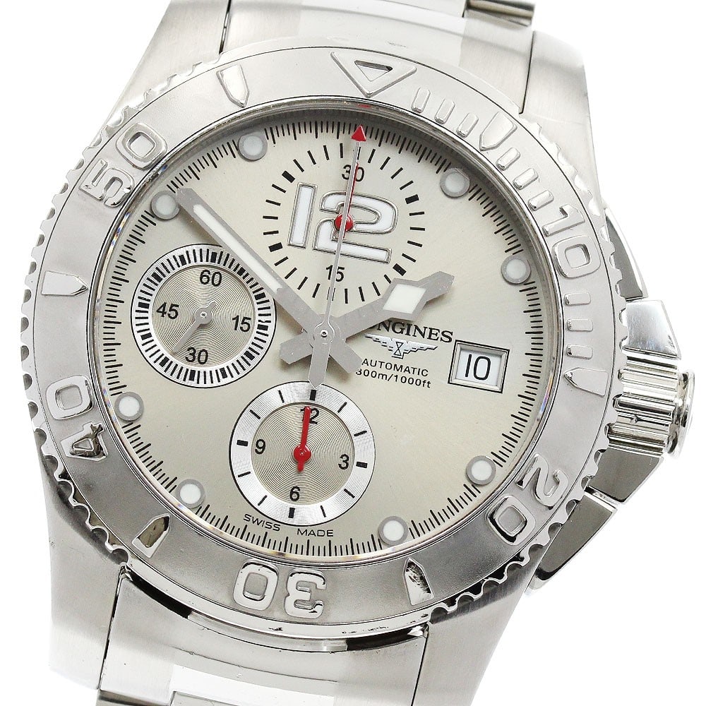 Longines Hydro Conquest automatic chronograph men's stainless steel watch: Longines Hydro Conquest automatic chronograph men's stainless steel watch This Longines Hydro Conquest Chronograph Automatic men's wristwatch features a stainless steel case and band with a gray dial.