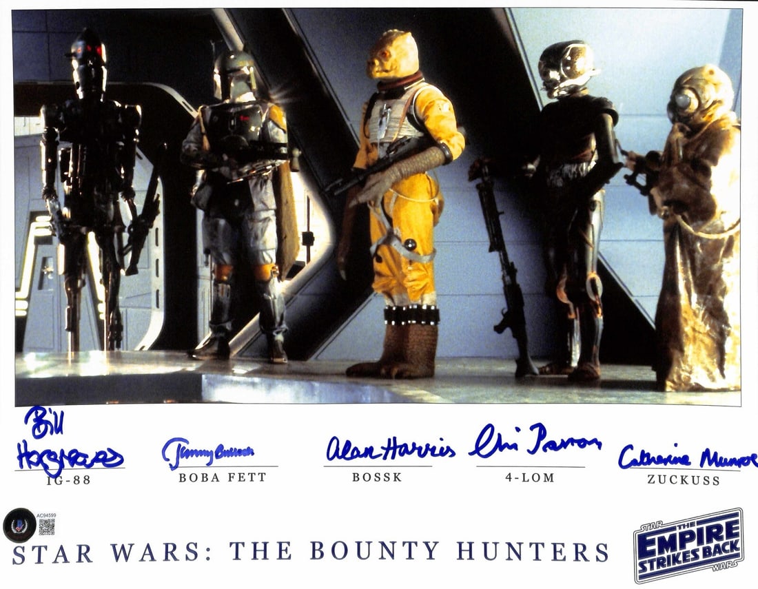 Star Wars Empire Strikes Back Bounty Hunters Signed Photo 11x14 Beckett LOA: Star Wars Empire Strikes Back Bounty Hunters Signed Photo 11x14 Beckett LOA This stunning 11x14 color photograph features the iconic Bounty Hunters from Star Wars: The Empire Strikes Back, autographed