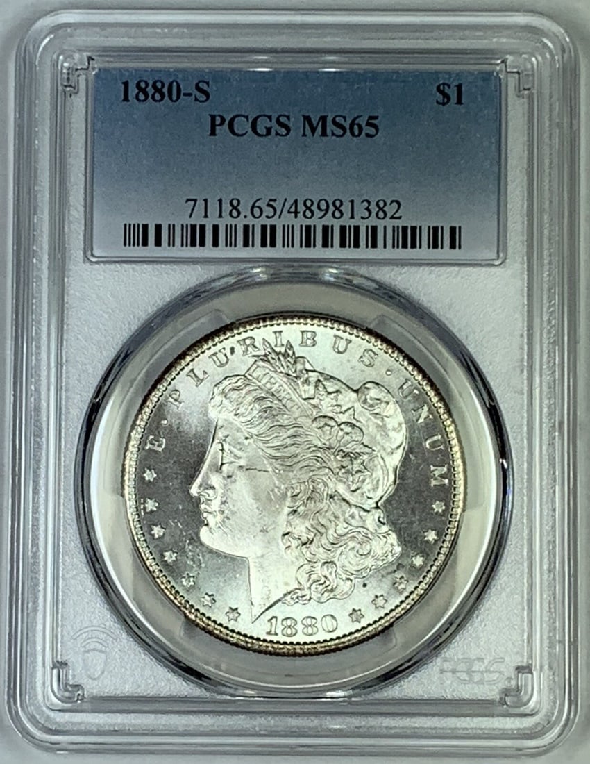 PCGS MS 65 1880-S Morgan Silver Dollar Uncirculated $1 Coin: PCGS MS 65 1880-S Morgan Silver Dollar Uncirculated $1 Coin This is an 1880-S Morgan Silver Dollar, certified by PCGS with a grade of MS 65. The coin is uncirculated and composed of silver, originatin