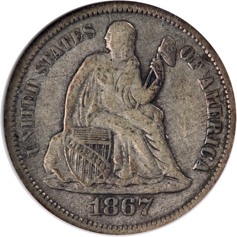 ANACS VF20 Silver 1867-S Seated Liberty Dime San Francisco Mint: ANACS VF20 Silver 1867-S Seated Liberty Dime San Francisco Mint This 1867-S Seated Liberty Dime is certified by ANACS with a grade of VF20. Composed of 90% silver, this circulated coin was minted in S