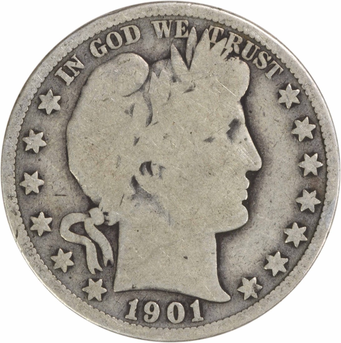 1901-S Barber Half Dollar 50C Silver Coin Uncertified: 1901-S Barber Half Dollar 50C Silver Coin Uncertified This 1901-S Barber Silver Half Dollar is a captivating piece of numismatic history. It features a grade of Good (G) and is made from a composition