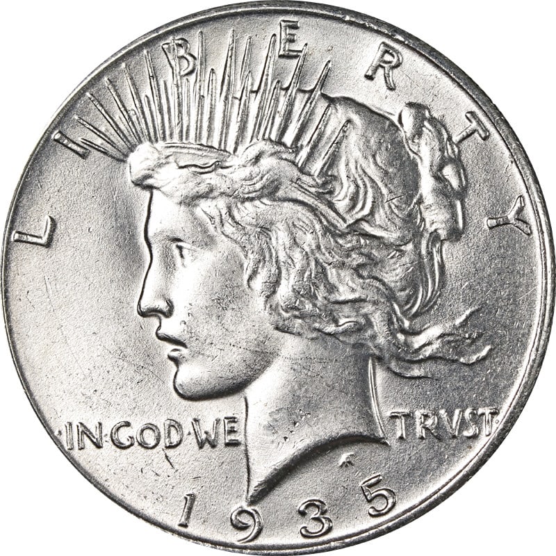 United States 1935 Silver Peace Dollar Philadelphia Mint Coin: United States 1935 Silver Peace Dollar Philadelphia Mint Coin This is a 1935-P Peace Dollar from the United States. The coin is composed of silver with a fineness of 0.9 and was minted in Philadelphia