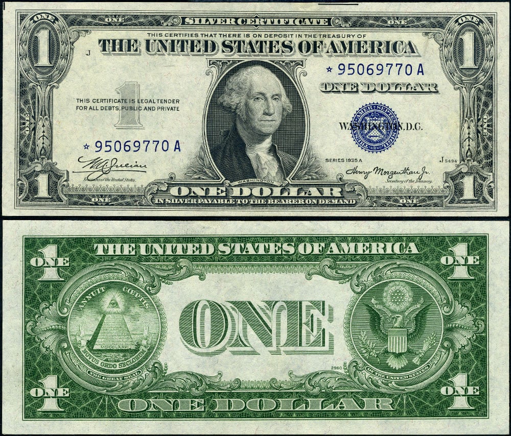 1935-A $1 Silver Certificate FR. 1608* Non-Mule Star AU+: 1935-A $1 Silver Certificate FR. 1608* Non-Mule Star AU+ This is a FR. 1608* $1 1935-A Silver Certificate Non-Mule *-A Block, featuring excellent paper quality and vibrant colors. Graded AU+, it showc
