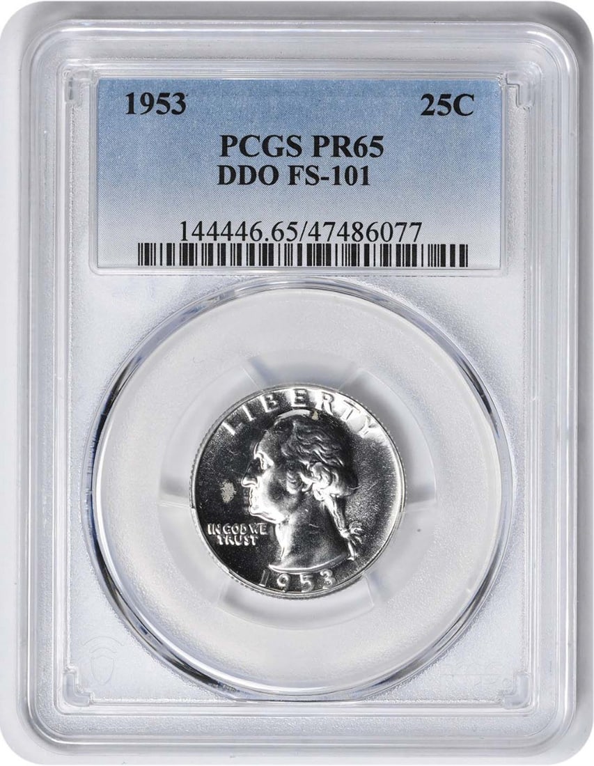 PCGS PR65 1953 Washington Silver Quarter DDO FS-101: PCGS PR65 1953 Washington Silver Quarter DDO FS-101 This is a 1953 Washington Quarter composed of silver, featuring the DDO FS-101 variety. The coin is graded PR65 by PCGS and is in uncirculated, proo