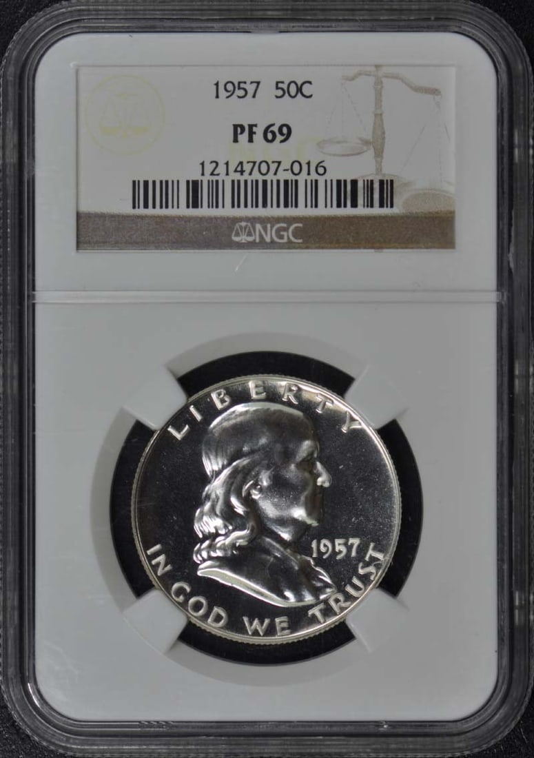 1957 Franklin Half Dollar NGC PR69 Uncirculated Proof Coin: 1957 Franklin Half Dollar NGC PR69 Uncirculated Proof Coin This 1957 Franklin Half Dollar is a stunning example of numismatic craftsmanship, certified by NGC with a grade of PR69, reflecting its prist