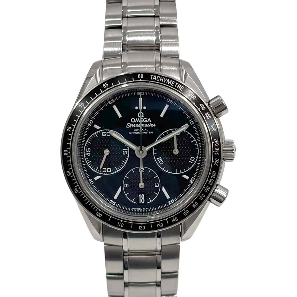 Omega Speedmaster Racing 40mm Co Axial Chronograph: Omega Speedmaster Racing 40mm Co Axial Chronograph This OMEGA Speedmaster Racing Co-Axial Chronograph is a sophisticated men's wristwatch featuring a 40mm stainless steel case and bracelet. The black 