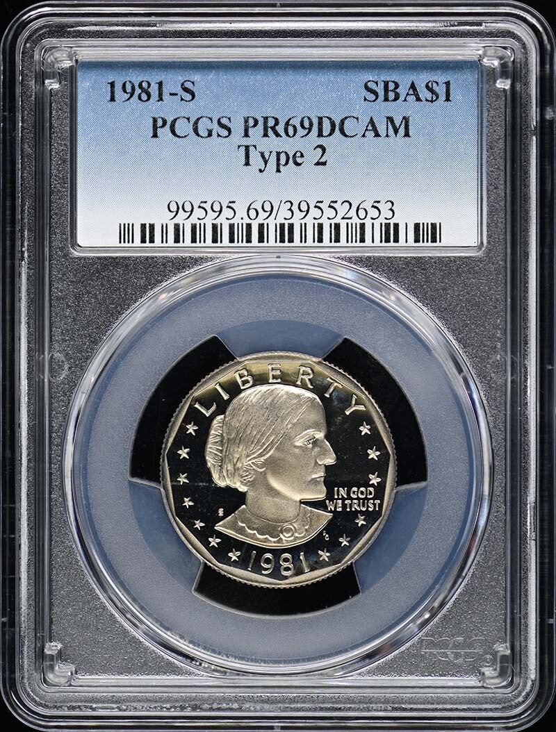 1981-S Susan B. Anthony Dollar Type 2 PCGS PR69DCAM: 1981-S Susan B. Anthony Dollar Type 2 PCGS PR69DCAM This 1981-S Susan B. Anthony Dollar is a remarkable Type 2 coin certified by PCGS with a grade of PR69DCAM, indicating its pristine condition. Struc