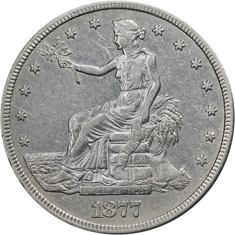 1877-S Silver Trade Dollar XF AU San Francisco Mint: 1877-S Silver Trade Dollar XF AU San Francisco Mint This 1877-S Trade Dollar is a circulated coin featuring attractive eye appeal and a well-defined strike. The coin displays bright white color with p