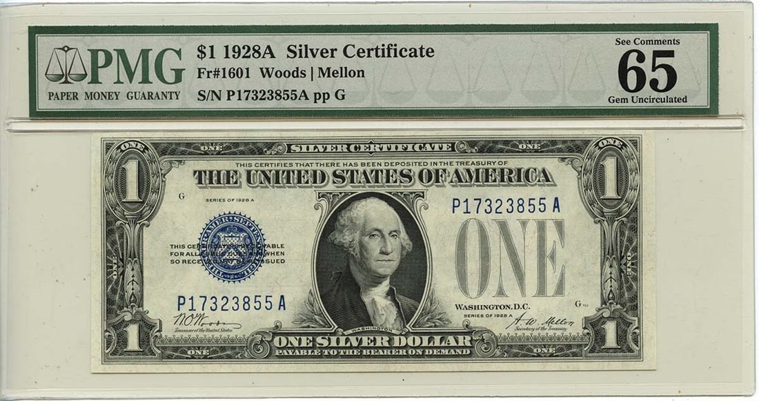 1928A $1 Silver Certificate Fr# 1601 PMG Gem65 EPQ Uncirculated: 1928A $1 Silver Certificate Fr# 1601 PMG Gem65 EPQ Uncirculated This 1928A $1 Silver Certificate, designated as Fr# 1601, is a remarkable piece of currency that showcases the artistry and history of A