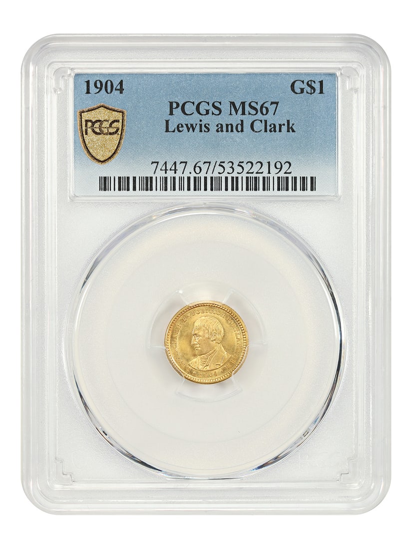 Lewis and Clark 1904 Gold Dollar PCGS MS67 Classic Commemorative Coin: Lewis and Clark 1904 Gold Dollar PCGS MS67 Classic Commemorative Coin This 1904 Lewis and Clark $1 Gold coin is a classic gold commemorative, graded MS67 by PCGS. Struck at the Philadelphia Mint, it i