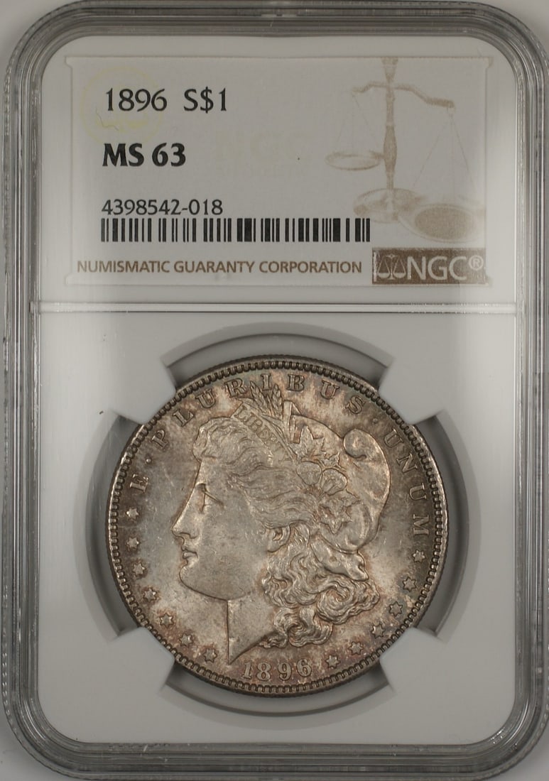 1896 Toned Morgan Silver Dollar NGC MS-63 Uncirculated Philadelphia Coin: 1896 Toned Morgan Silver Dollar NGC MS-63 Uncirculated Philadelphia Coin This 1896 Morgan Silver Dollar is an uncirculated coin graded MS 63 by NGC. It features attractive toning and was minted in Phi