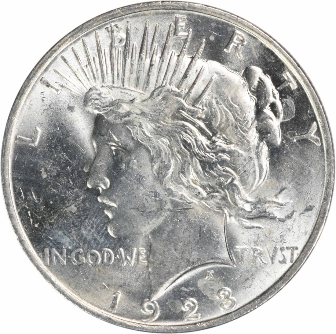 1923 Peace Silver Dollar Uncertified Brilliant Uncirculated: 1923 Peace Silver Dollar Uncertified Brilliant Uncirculated This 1923 Peace Silver Dollar is a stunning piece, representing the ideal of peace following World War I. It is classified as Uncirculated a