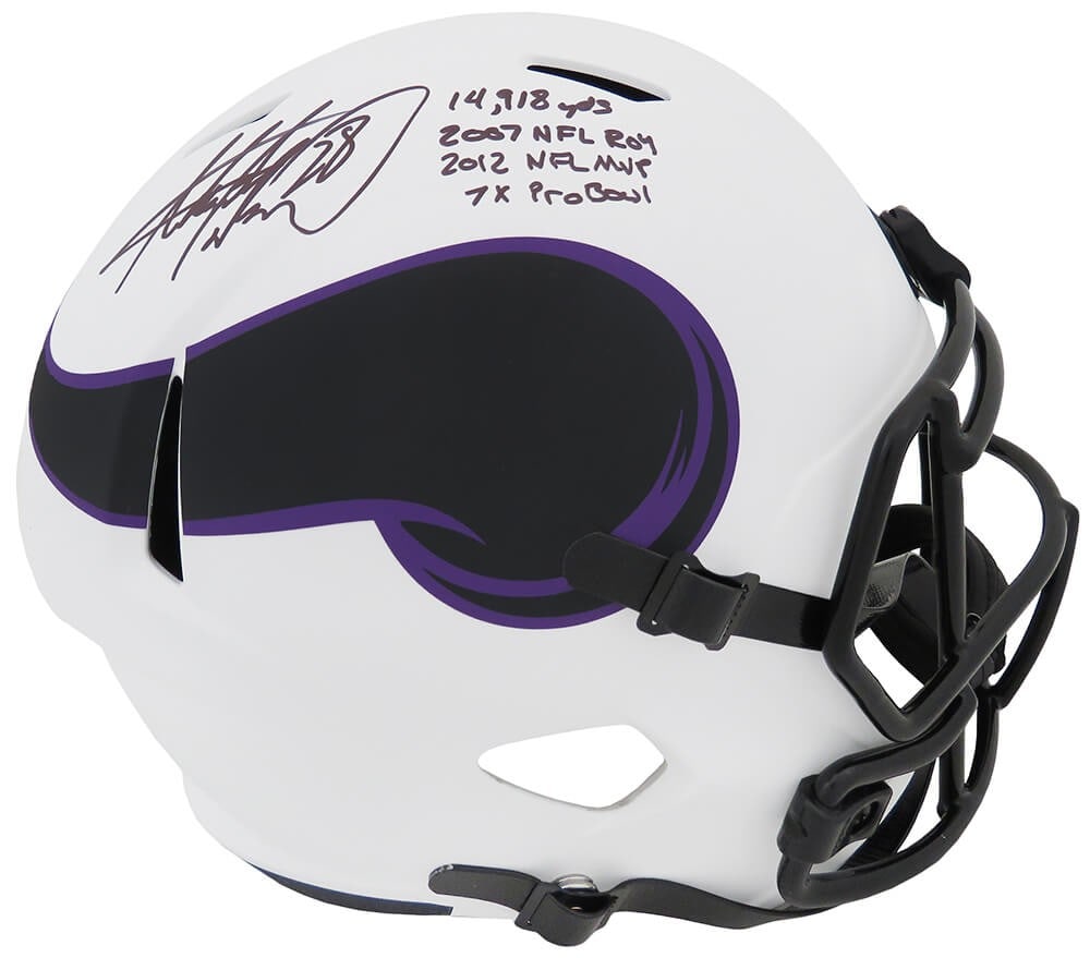 Adrian Peterson Signed Vikings Lunar Eclipse Helmet with Inscriptions: Adrian Peterson Signed Vikings Lunar Eclipse Helmet with Inscriptions This is a signed full-size speed replica helmet of Adrian Peterson, a renowned NFL player, representing the Minnesota Vikings. The