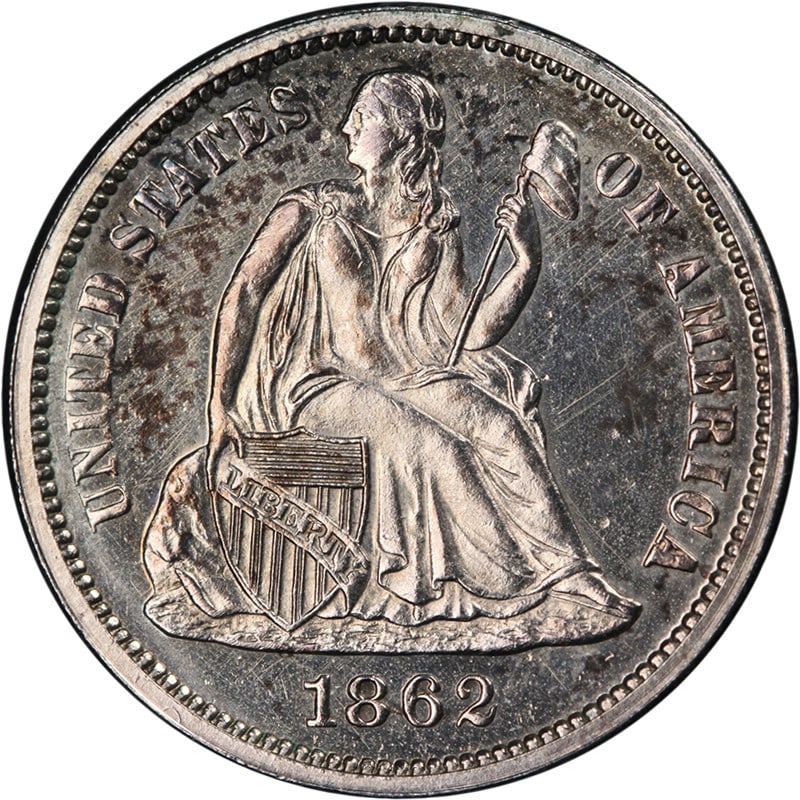 Choice Proof 1862 Silver Seated Liberty Dime Uncertified Uncirculated: Choice Proof 1862 Silver Seated Liberty Dime Uncertified Uncirculated This 1862 Seated Liberty Dime is a stunning example of numismatic artistry, showcasing great eye appeal with fantastic luster and 