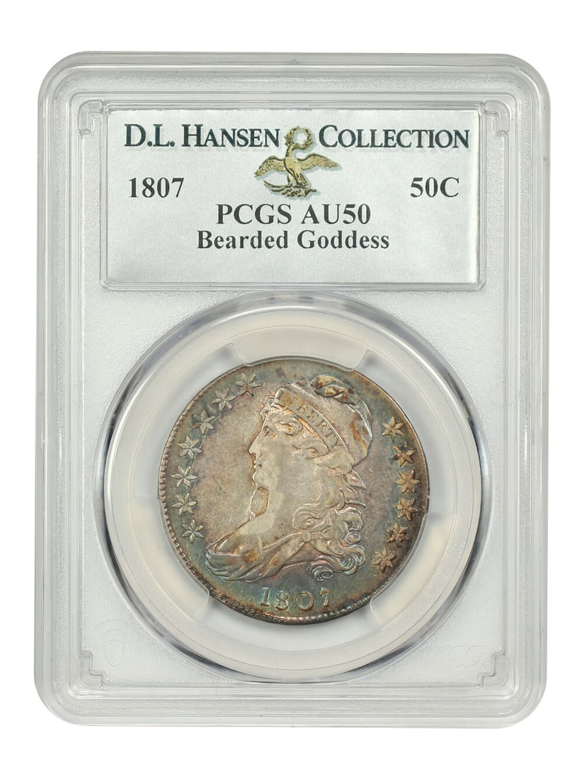 1807 Capped Bust Half Dollar AU50 Bearded Goddess PCGS 50/20: 1807 Capped Bust Half Dollar AU50 Bearded Goddess PCGS 50/20 This 1807 Capped Bust Half Dollar is certified by PCGS with a grade of AU50 and carries the designation of "Bearded Goddess" from the Overt