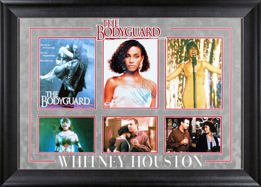 Whitney Houston Signed 8x10 Framed Photo The Bodyguard PSA Authenticated: Whitney Houston Signed 8x10 Framed Photo The Bodyguard PSA Authenticated This stunning 8x10 framed photograph features the iconic Whitney Houston, personally signed by the legendary artist herself fro