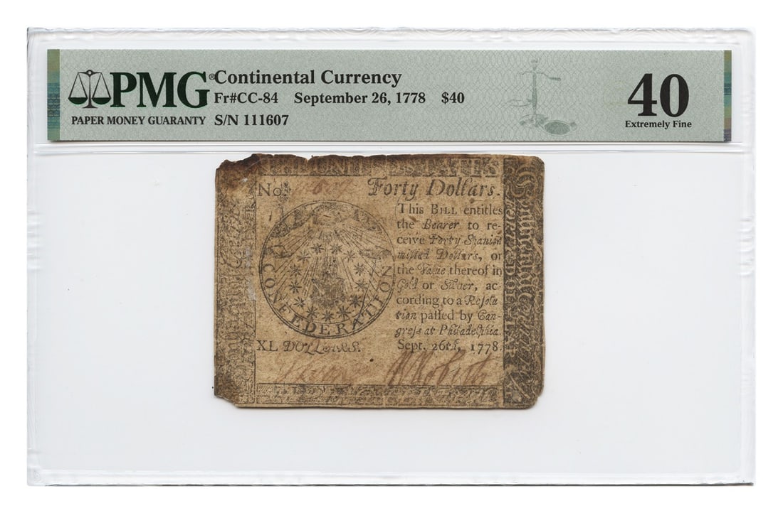 $40 Continental Colonial Currency 1778 PMG XF40 Certified: $40 Continental Colonial Currency 1778 PMG XF40 Certified This $40 Continental Colonial Currency, dated September 26, 1778, is a remarkable piece of history certified by PMG with a grade of XF40. The 