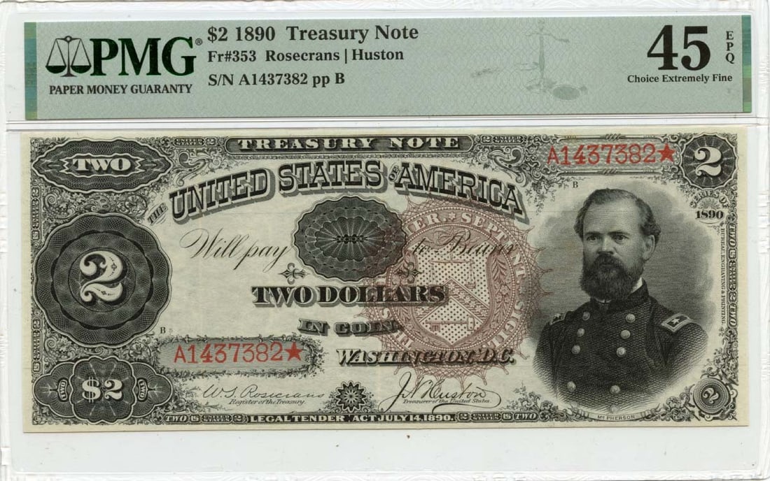 PMG XF45 1890 $2 Treasury Note FR353 United States Currency: PMG XF45 1890 $2 Treasury Note FR353 United States Currency This 1890 $2 Treasury Note, identified as FR#353, is a circulated U.S. banknote graded XF45 by PMG. The note is from the United States and d