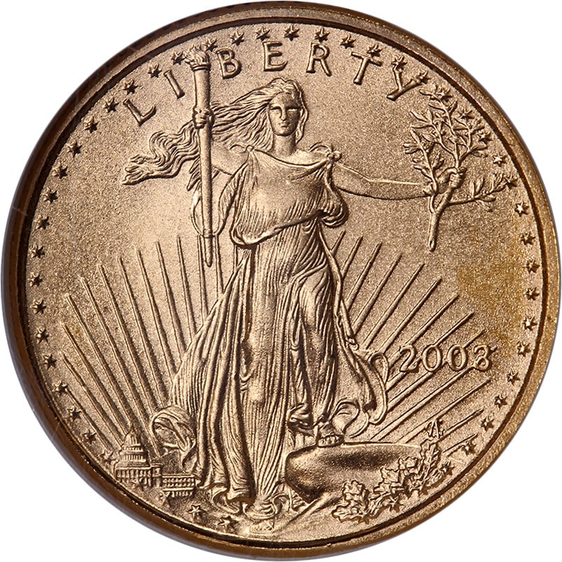 2003 Gold American Eagle $5 NGC MS70 Brown Label Coin: 2003 Gold American Eagle $5 NGC MS70 Brown Label Coin This 2003 Gold American Eagle $5 coin is a stunning example of numismatic excellence, certified by NGC with a perfect grade of MS70. Featuring sup