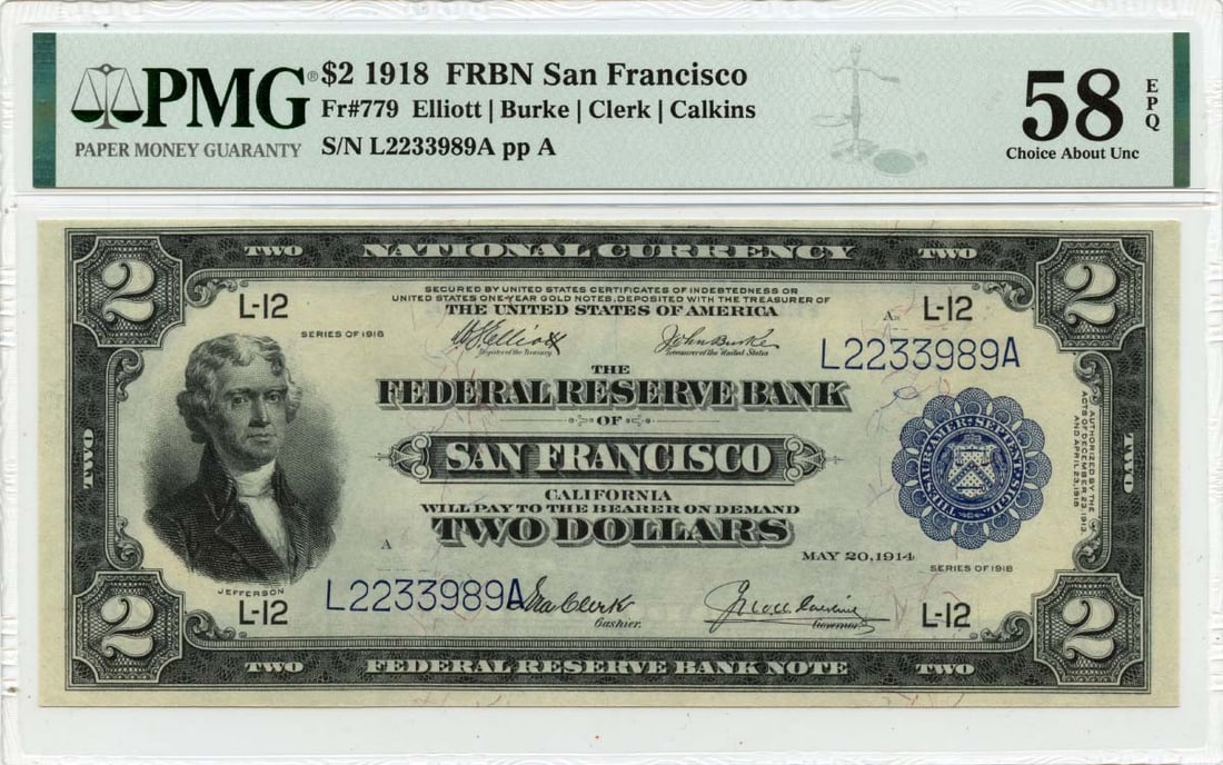 1918 $2 FRBN San Francisco PMG AU58 EPQ Battleship Note: 1918 $2 FRBN San Francisco PMG AU58 EPQ Battleship Note This is a 1918 $2 Federal Reserve Bank Note from San Francisco, graded AU58 by PMG, indicating it is in excellent condition for a circulated not