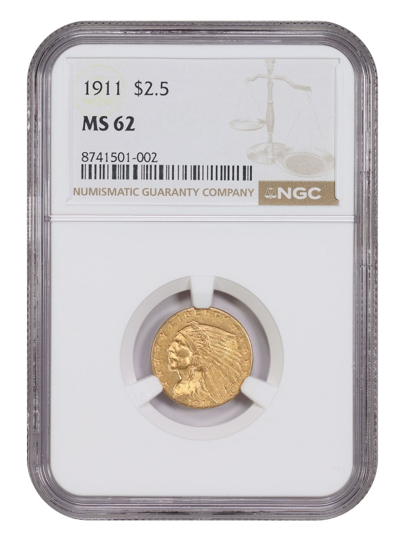 1911 Indian Quarter Eagle Gold Coin NGC MS62: 1911 Indian Quarter Eagle Gold Coin NGC MS62 This 1911 Indian $2.5 gold coin is graded MS62 by NGC and originates from the Philadelphia Mint. Featuring the iconic design by Mint Engraver Bela Lyon Pra