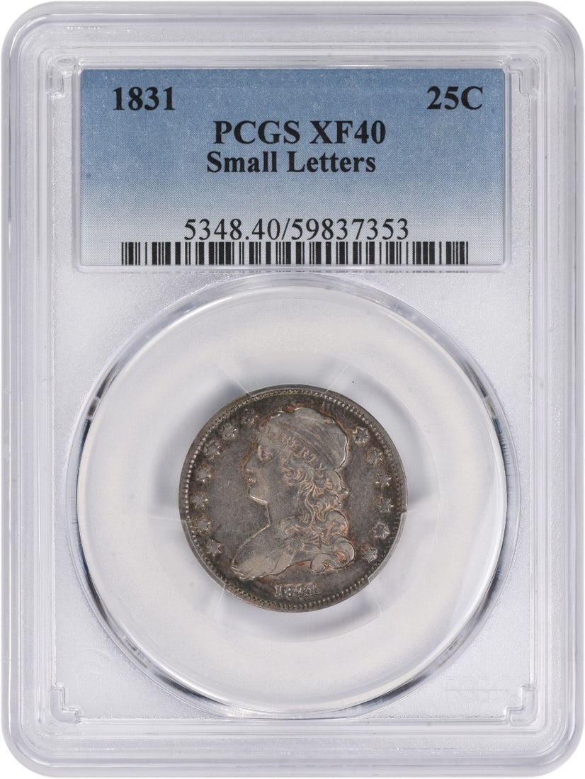 1831 Draped Bust Silver Quarter Small Letters PCGS EF40: 1831 Draped Bust Silver Quarter Small Letters PCGS EF40 This 1831 Bust Silver Quarter features the Small Letters variety and has been graded EF40 by PCGS. The coin is circulated and composed of silver