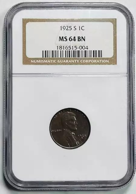 1925 S Lincoln Wheat Penny NGC MS 64 Uncirculated Copper Coin: 1925 S Lincoln Wheat Penny NGC MS 64 Uncirculated Copper Coin This 1925 S Small Cents Lincoln Wheat Penny is a remarkable addition for any coin collector. Certified by NGC with a grade of MS 64, this 