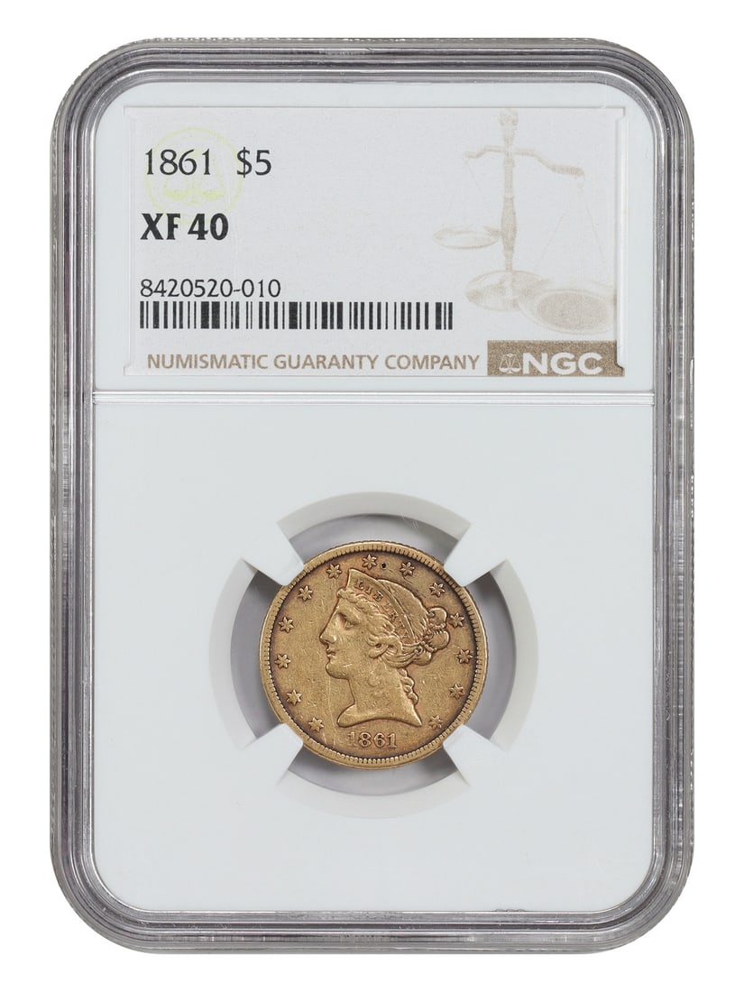 1861 Liberty Head $5 NGC XF40 Gold Coin: 1861 Liberty Head $5 NGC XF40 Gold Coin This is an 1861 Liberty Head $5 gold coin from the Civil War era, graded XF40 by NGC. The coin features moderate golden surfaces with deep russet tones and show