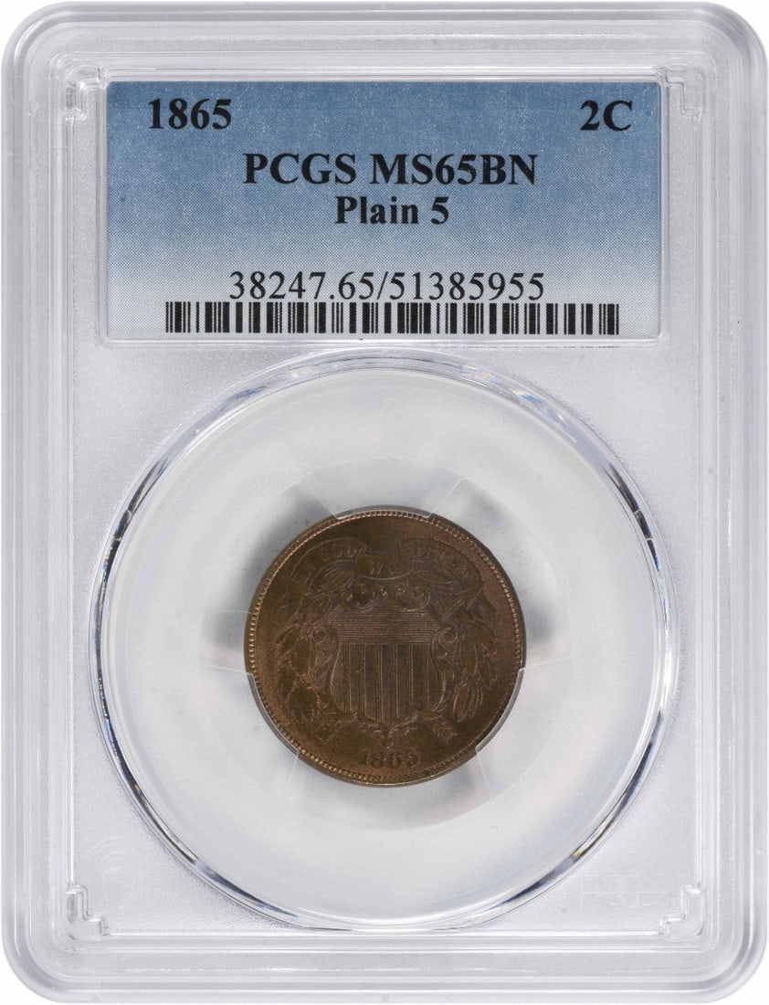 1865 Uncirculated Two Cent Piece MS65BN Bronze PCGS Certified: 1865 Uncirculated Two Cent Piece MS65BN Bronze PCGS Certified This 1865 Two Cent Piece, graded MS65BN by PCGS, showcases exceptional quality and detail. Struck in bronze at the Philadelphia Mint, this