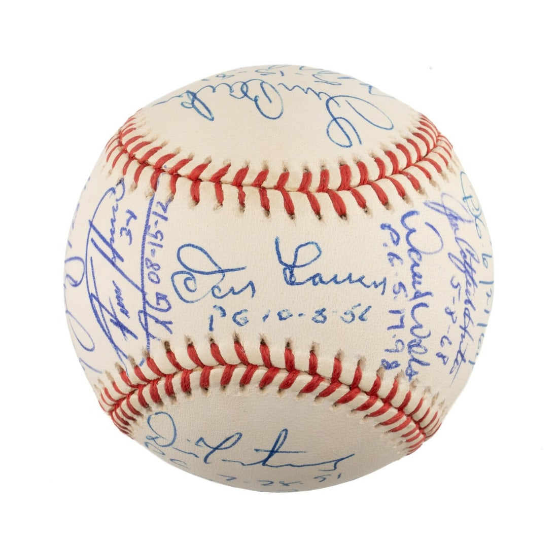 Rare Signed Perfect Game Baseball with 18 Legends PSA Authenticated: Rare Signed Perfect Game Baseball with 18 Legends PSA Authenticated Celebrate baseball history with this extraordinary signed baseball commemorating the rare achievement of a perfect game. This offici