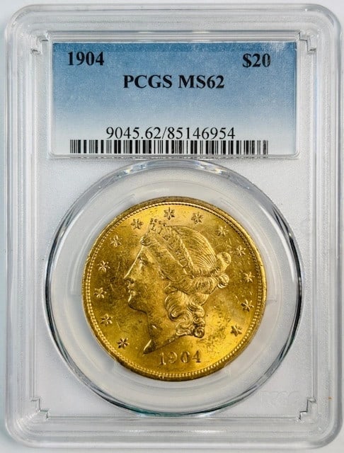 1904 Philadelphia Liberty Head $20 Gold Coin PCGS MS62: 1904 Philadelphia Liberty Head $20 Gold Coin PCGS MS62 This 1904 Liberty Head $20 Double Eagle is a gold coin graded MS 62 by PCGS. Struck in Philadelphia, it is uncirculated and features the iconic L