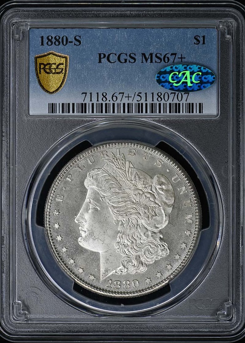 PCGS MS67 Plus CAC 1880-S Morgan Dollar: PCGS MS67 Plus CAC 1880-S Morgan Dollar This is an 1880 Morgan Dollar struck at the San Francisco Mint, graded MS67+ by PCGS and verified by CAC. The coin is uncirculated and originates from the Unite