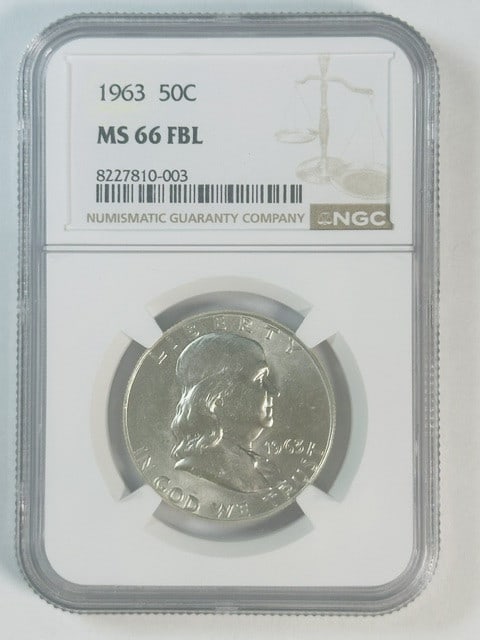 1963 Franklin half dollar NGC MS-66 FBL silver: 1963 Franklin half dollar NGC MS-66 FBL silver This 1963 Franklin Half Dollar is graded MS-66 FBL by NGC, indicating a high-quality, uncirculated coin with Full Bell Lines. Composed of silver, it is a