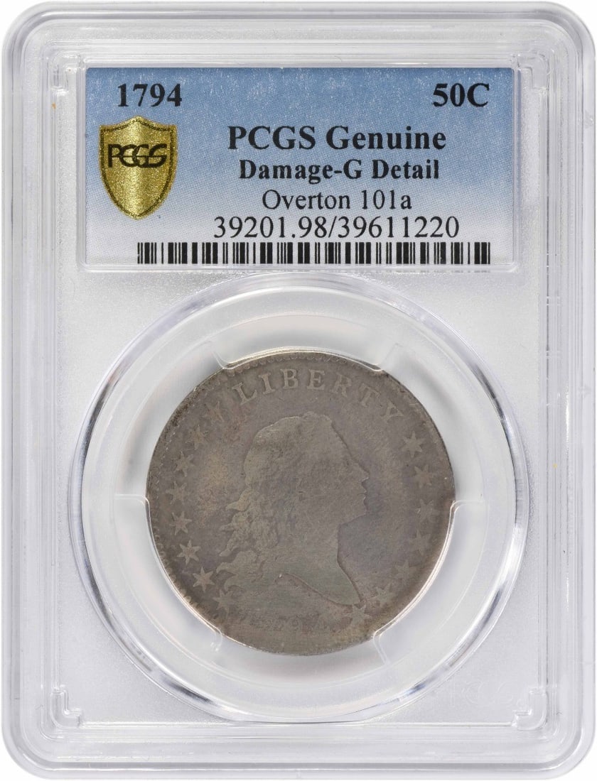 PCGS Certified 1794 Flowing Hair Half Dollar Genuine Damaged G Detail: PCGS Certified 1794 Flowing Hair Half Dollar Genuine Damaged G Detail This is a 1794 Bust Silver Half Dollar, certified as Genuine by PCGS with G Detail (damage noted). Struck in Philadelphia and desi