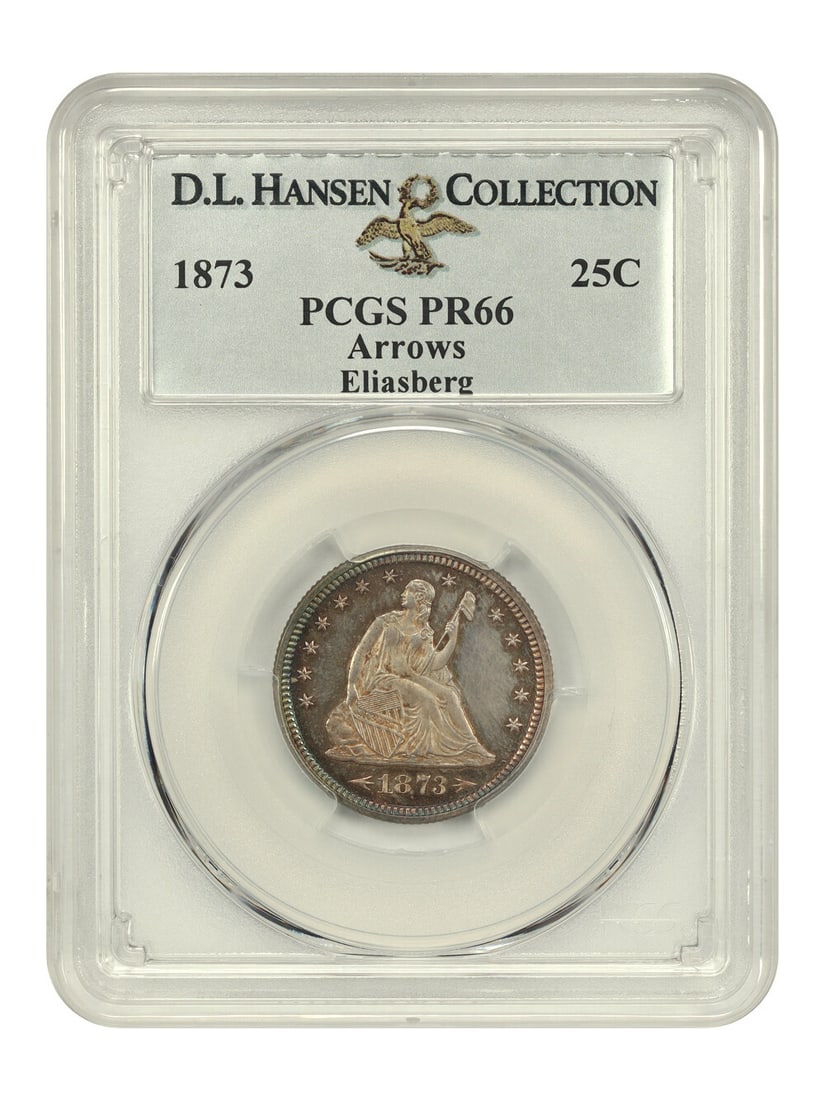 1873 25C Liberty Seated Quarter PCGS PR66 D.L. Hansen/Eliasberg: 1873 25C Liberty Seated Quarter PCGS PR66 D.L. Hansen/Eliasberg This stunning 1873 25C Liberty Seated Quarter is certified by PCGS with a grade of PR66, showcasing its uncirculated condition. Struck a