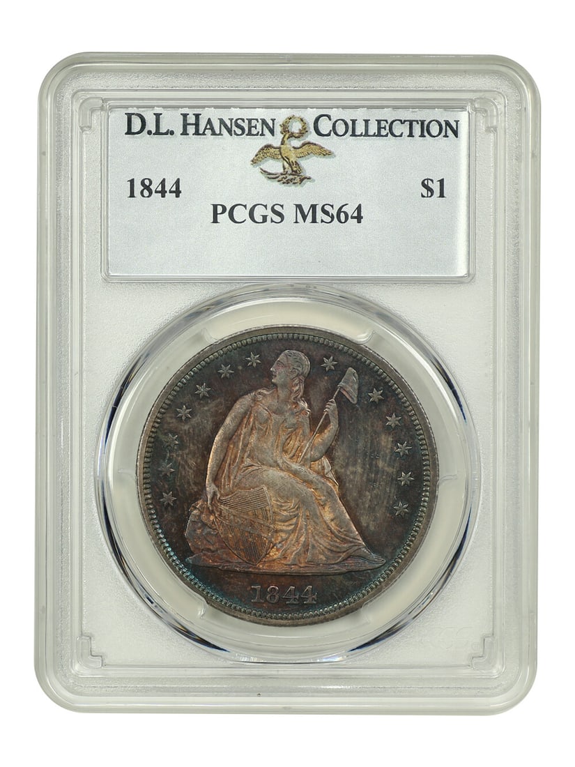 1844 $1 Liberty Seated Dollar PCGS MS64 with Misplaced Date: 1844 $1 Liberty Seated Dollar PCGS MS64 with Misplaced Date This exquisite 1844 $1 Liberty Seated Dollar is a remarkable collector's piece, certified by PCGS with a grade of MS64. Struck in Philadelph