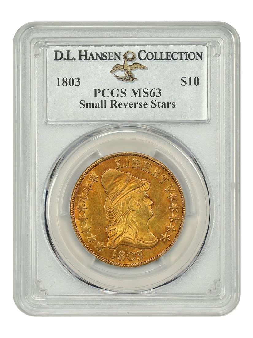 1803 $10 Draped Bust Gold Coin PCGS MS63 Small Reverse Stars: 1803 $10 Draped Bust Gold Coin PCGS MS63 Small Reverse Stars This stunning 1803 $10 Draped Bust gold coin is certified by PCGS with a grade of MS63, indicating its uncirculated condition. The coin fea