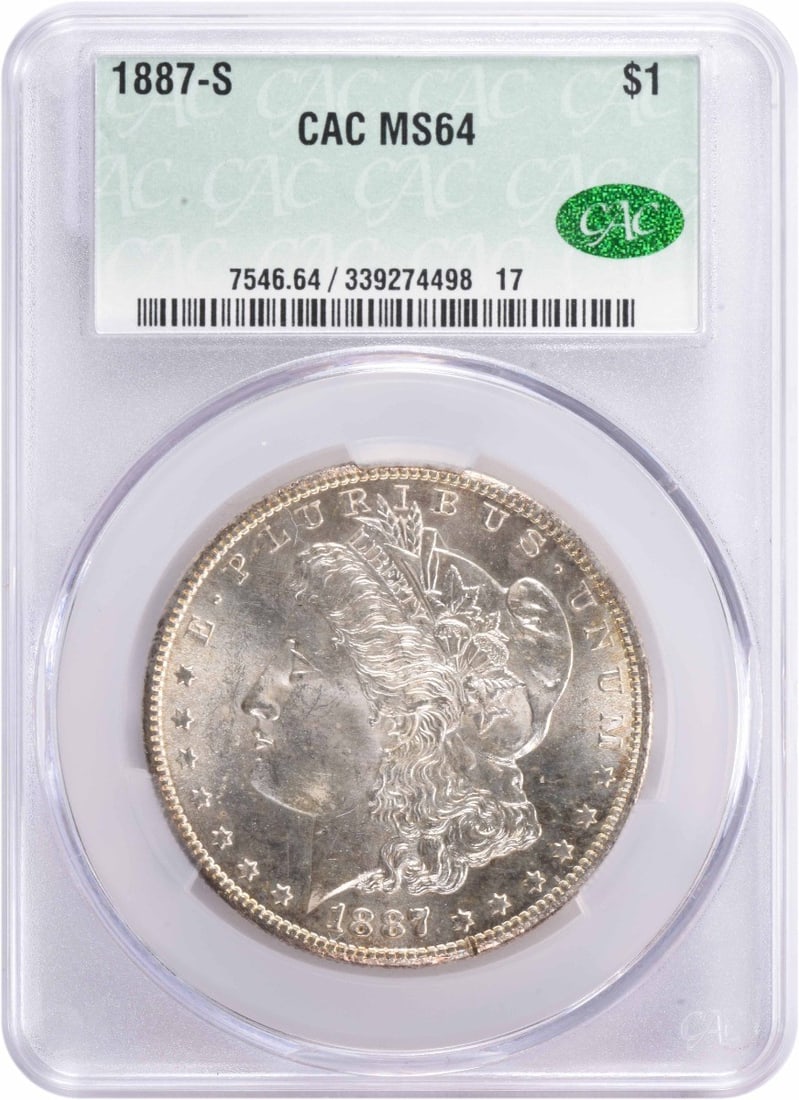 MS64 CACG Graded 1887 S Morgan Dollar Uncirculated Silver Coin: MS64 CACG Graded 1887 S Morgan Dollar Uncirculated Silver Coin This 1887-S Morgan Silver Dollar is certified MS64 by CACG. Minted in San Francisco, it is composed of 90% silver and 10% copper. The coi