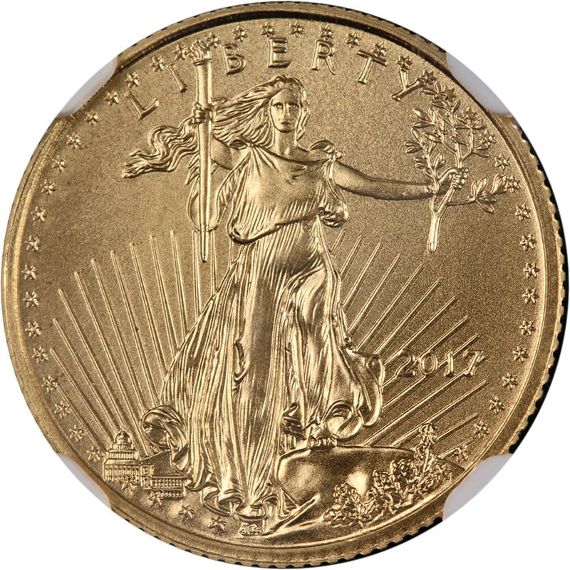 2017 Gold American Eagle $5 NGC MS70 Coin: 2017 Gold American Eagle $5 NGC MS70 Coin This stunning 2017 Gold American Eagle $5 coin showcases remarkable eye appeal, enhanced by its fantastic luster and strong strike. Graded as MS70 by NGC, it 