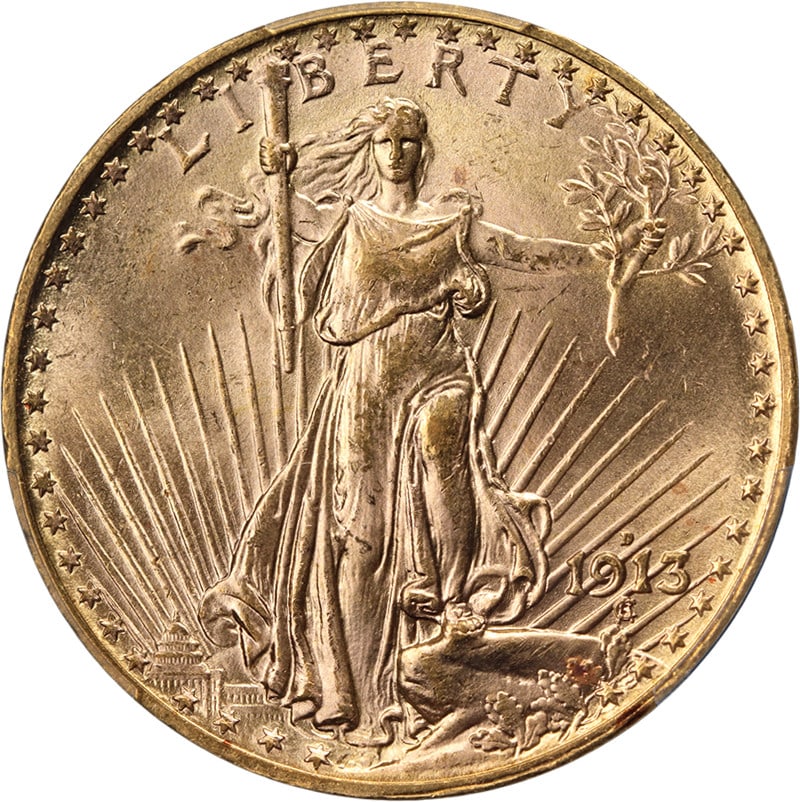 PCGS MS63 1913-D Gold Double Eagle Saint-Gaudens Twenty Dollar Coin: PCGS MS63 1913-D Gold Double Eagle Saint-Gaudens Twenty Dollar Coin This 1913-D Saint-Gaudens Gold $20 coin is graded MS63 by PCGS and features a brilliant luster with a well-defined strike. The coin 