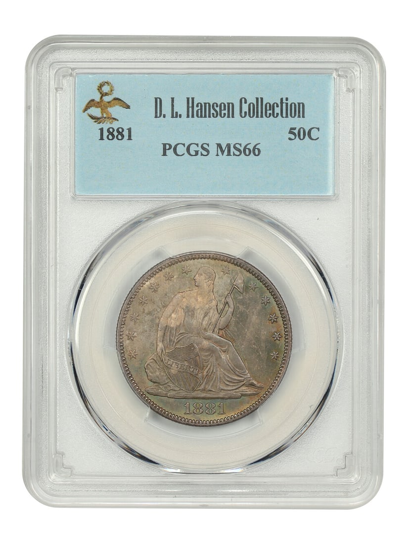1881 50C Liberty Seated Half Dollar PCGS MS66 D.L. Hansen Certified Coin: 1881 50C Liberty Seated Half Dollar PCGS MS66 D.L. Hansen Certified Coin This 1881 50C Liberty Seated Half Dollar is a remarkable piece, certified by PCGS with a grade of MS66. It showcases sharp deta